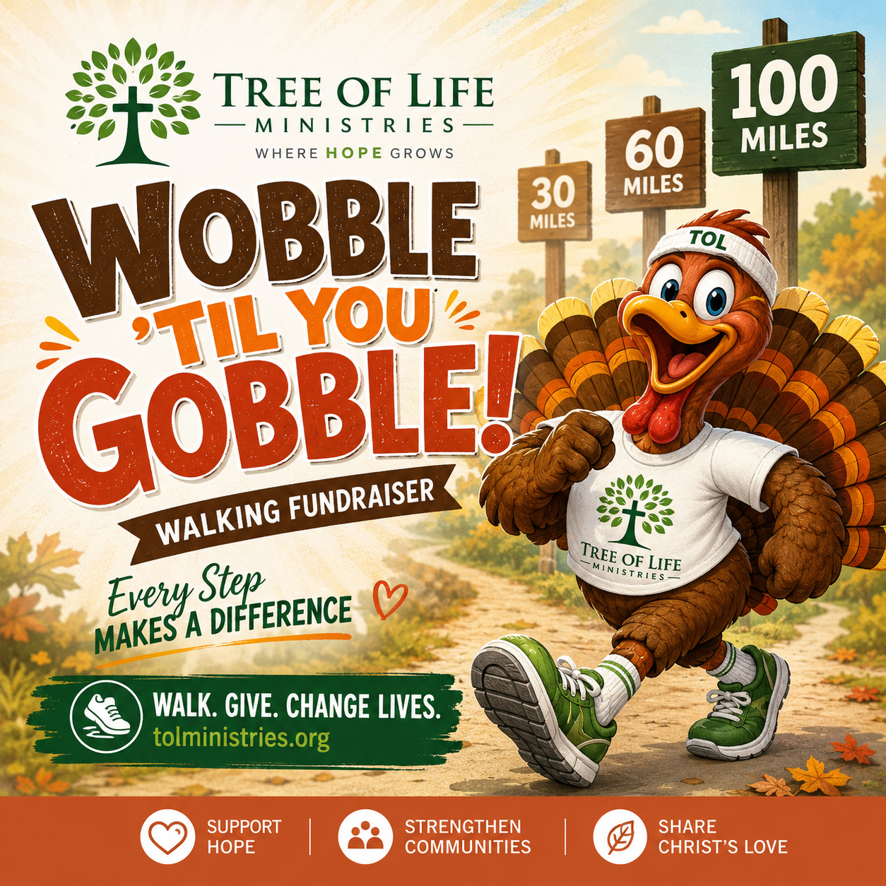 Wobble 'til You Gobble &mdash; Tree of Life Ministries walking fundraiser, featuring a turkey mascot walking past 30, 60, and 100 mile signposts